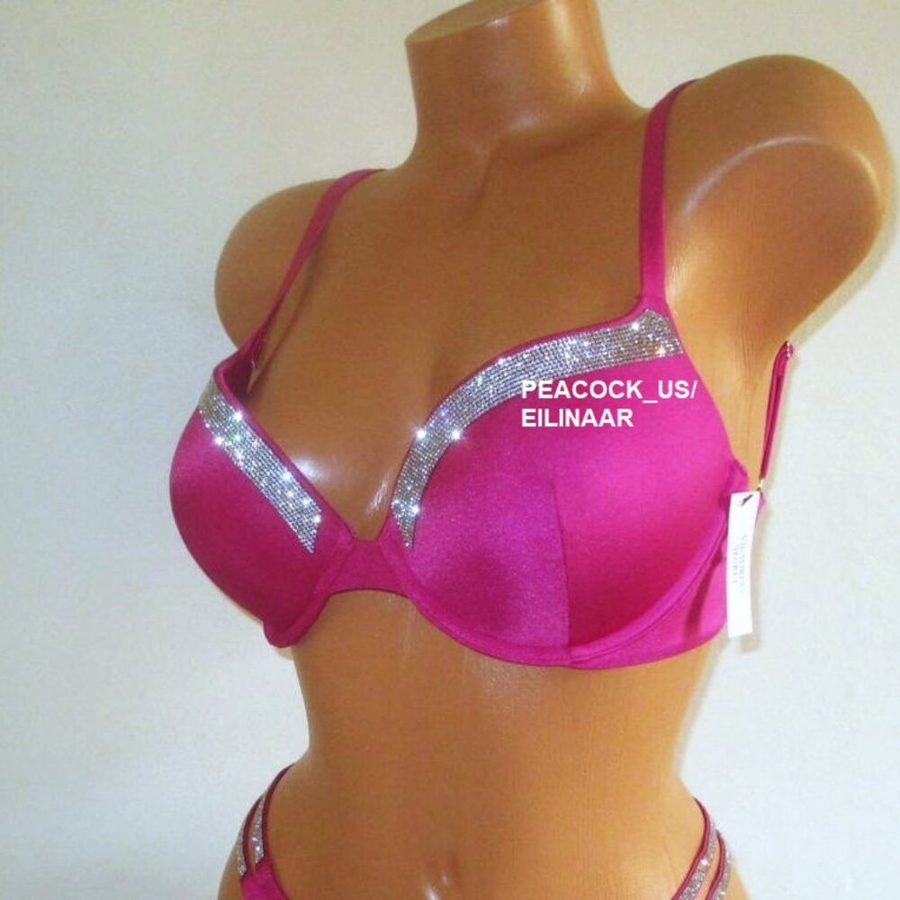 38D VICTORIA SECRET SWIM PUSH-UP BIKINI TOP Rhinestone Shine Pink Bling